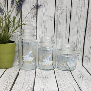 Vtg Country Geese Blue Ribbon Bow Glass Jar Canister w/Lid Set of 3